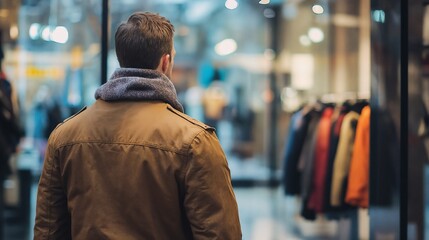 Man browsing clothing rack in retail store from behind. Suitable for shopping experience, retail environment, and consumer behavior content