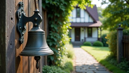 Obraz premium Old-fashioned cast iron entrance bell, hanging from rustic wooden gate, leading to cozy cottage 