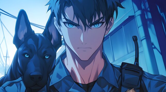 A Doberman dog and an anime-style man with black hair, blue eyes, and a dark grey police uniform, in a full-body portrait, Generative AI