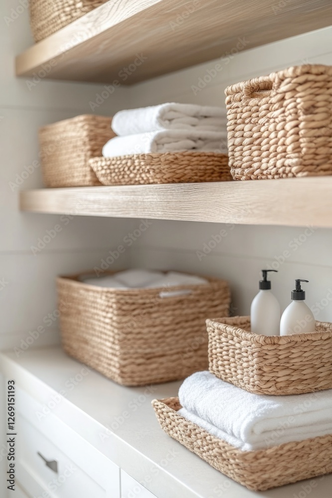 Poster a shelf with baskets and towels for organizing home goods