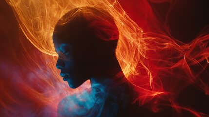 Artistic silhouette with dramatic red and blue smoke effects. Suitable for creative arts, abstract portraits, and experimental photography