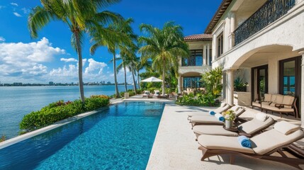 Fototapeta premium A luxurious poolside garden with palm trees, lounge chairs, and tropical plants adding serenity.