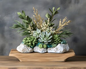 Elegant Succulent Arrangement in White Stone Pot on Wooden Tray