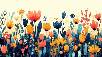 Stylized Vector Illustration of a Vibrant Flower Garden with Various Plants