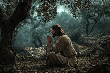 Jesus Christ praying in the garden of Gethsemane. Generative AI