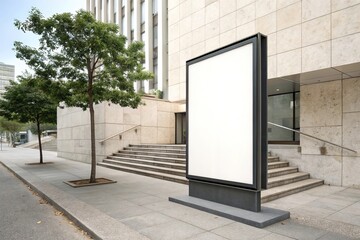 Blank Vertical Billboard Mockup in Front of Modern Building Exterior with Steps and Trees on City Street