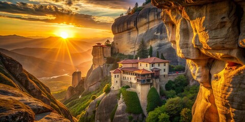 Fototapeta premium Serene Cave Monastery at Sunset, Bokeh Lights, Spiritual Retreat