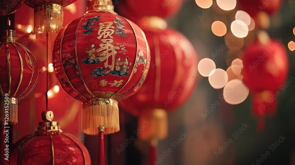 Poster a bunch of red lanterns hanging from the ceiling, often used as a decorative element in parties or e
