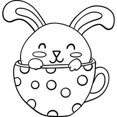 Cute bunny in a polka-dotted cup, ideal for coloring activities. outline for coloring.