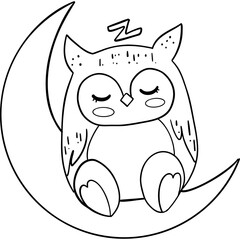 Sleeping owl on a crescent moon illustration. outline for coloring.