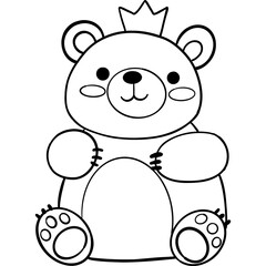 Cute cartoon bear with a crown, sitting and smiling. outline for coloring.