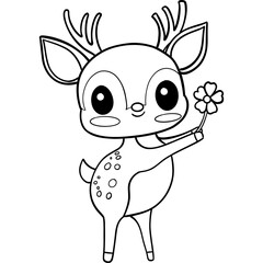 Cute cartoon deer holding a flower, perfect for coloring activities. outline for coloring.