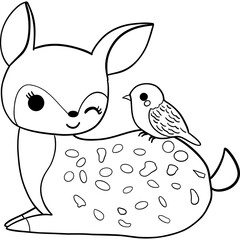 Cute cartoon deer with a bird, designed for coloring activities. outline for coloring.