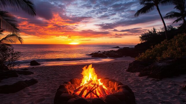A burning fire pit on the beach with a sunset in the background.