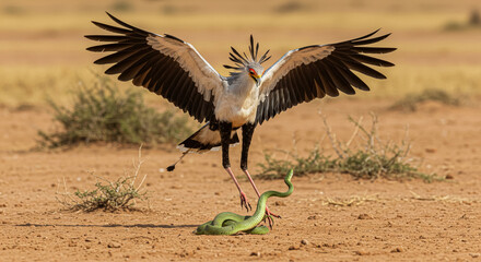 Fototapeta premium Secretarybird Battling a Green Snake in African Savanna
