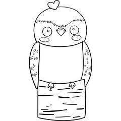 Cute cartoon bird sitting on a log with a heart on its head. outline for coloring.