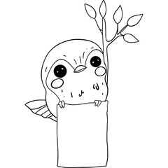 Cute bird holding a blank sign with a branch. outline for coloring.
