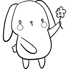 Cute rabbit character holding a flower in a simple line art style. outline for coloring.
