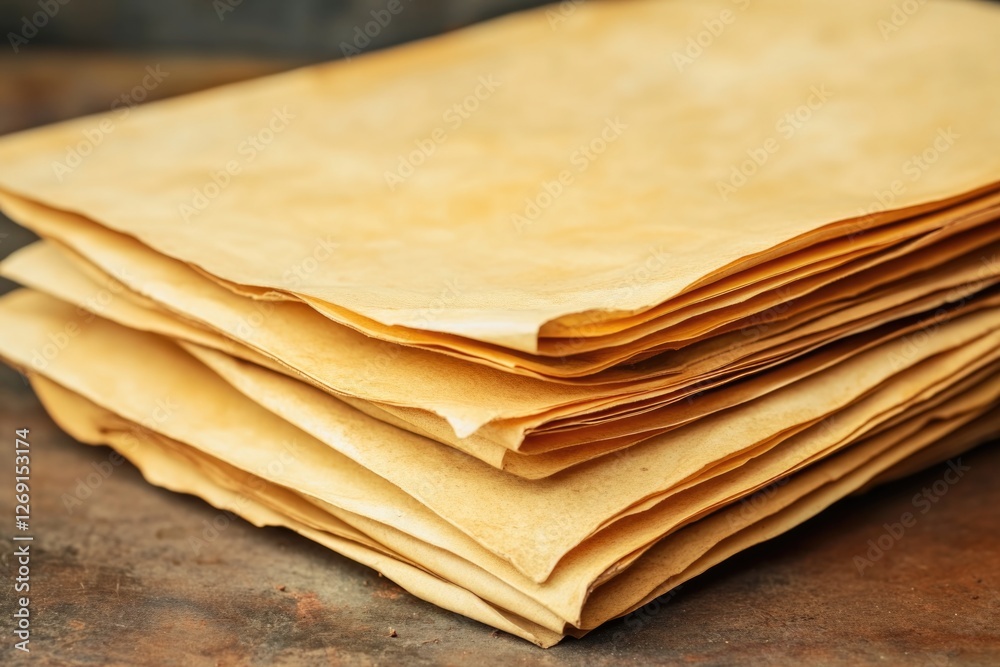Poster a stack of brown paper sitting on a table, perfect for background or prop use