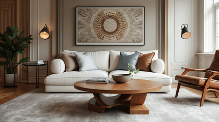 Round wooden coffee table near white sofa and brown leather armchair. Hollywood glam style interior design of modern living room. 
