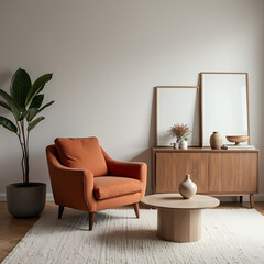 Terra cotta accent armchair near round coffee table against cabinet and posters. Minimalist interior design of modern living room. 