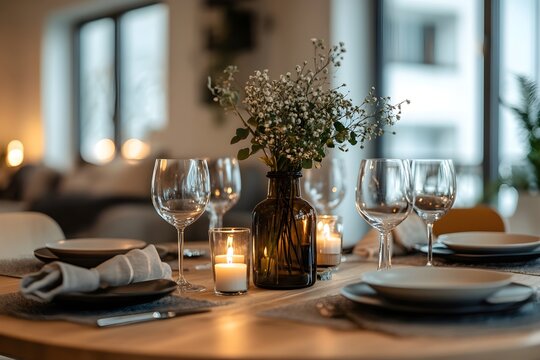 A cozy dining setup featuring a wooden table with plates, wine glasses, a candle, and a vase of flowers, creating an inviting atmosphere.
