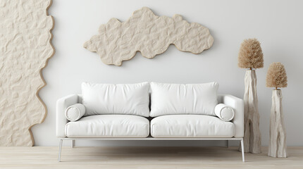 White loveseat sofa and rustic wooden sculptures near wall with decorative stone shape. Interior design of modern living room.