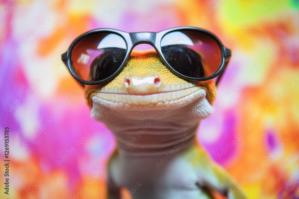 Poster close-up of a reptile wearing trendy eyewear, perfect for an unusual editorial or humoristic use