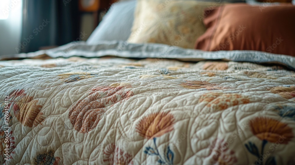 Poster a close-up view of a bed with a comforter and pillows