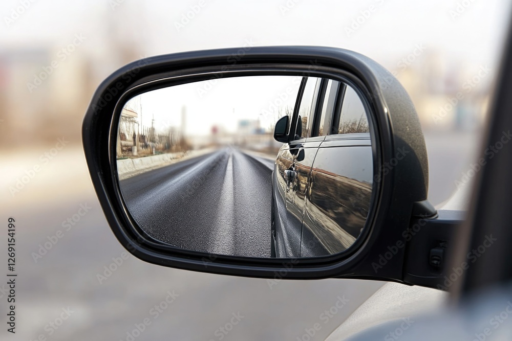 Poster A close-up shot of a car's side view mirror on a road, suitable for use in transportation-themed contexts