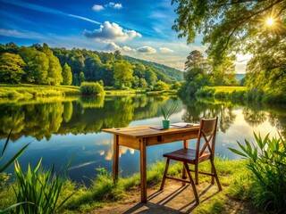 Serene Lakeside Retreat: Inspiring Writer's Haven - Stock Photo
