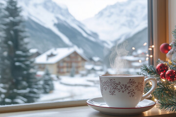 Steaming cup by a window overlooking snowy mountains. Perfect for winter holidays and cozy atmosphere themes.