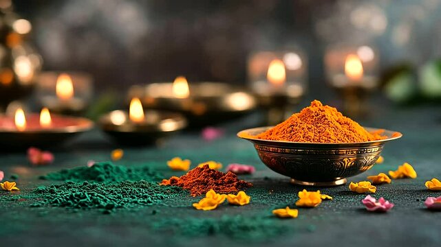 A festive, bright Holi setup with vibrant gulal powders in brass and ceramic bowls, scattered marigold petals, and traditional diyas placed around the arrangement, evoking a celebr
