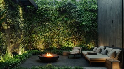 Obraz premium A modern patio garden with a small fire pit, stylish outdoor furniture, and lush green walls.