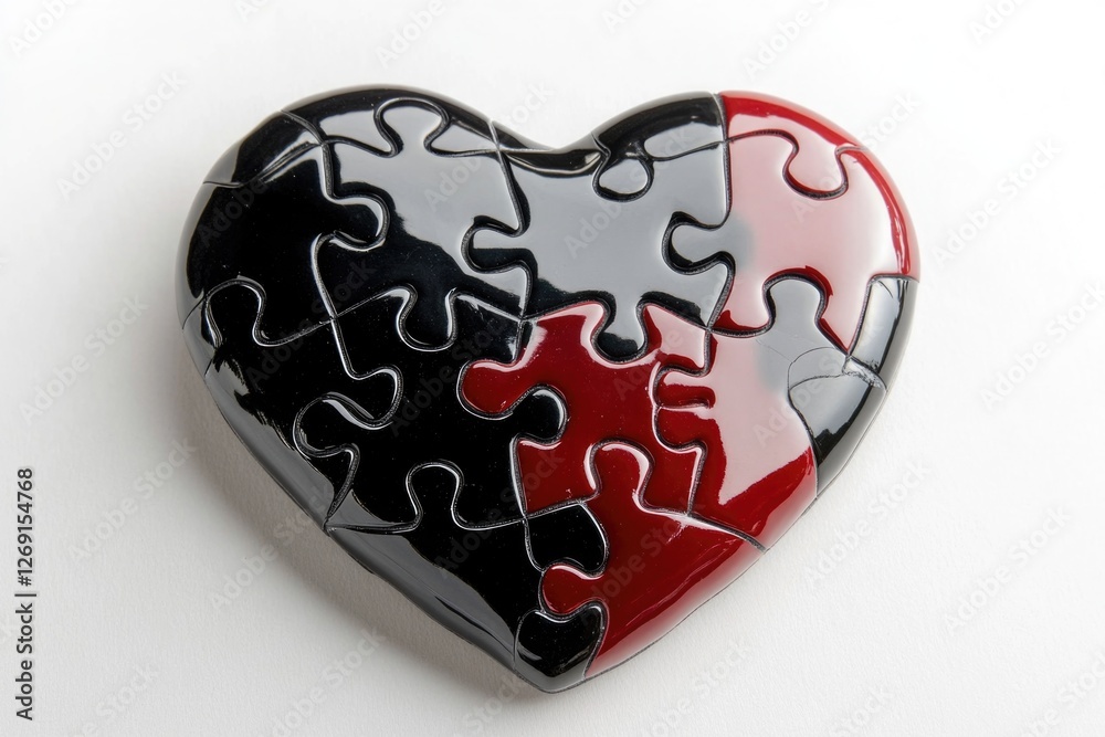 Poster a creative representation of a heart formed by interlocking puzzle pieces on a clean white backgroun