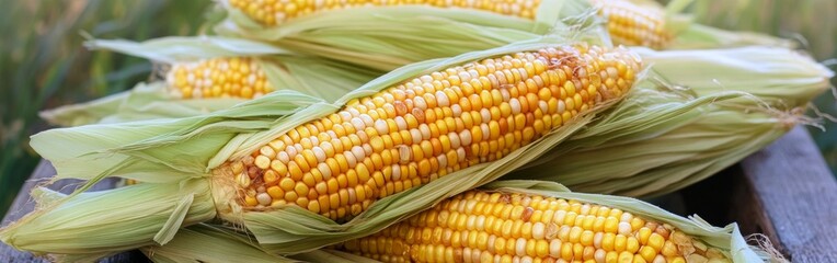 Corn cobs are stacked together on a rustic surface, their green husks partially opened to reveal bright golden kernels. This vibrant display highlights summer's bountiful harvest