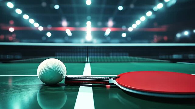A lively sports scene with ping pong paddles resting parallel to the table's center line, a ball balanced on the edge of the paddle, and the green table glowing under bright lights
