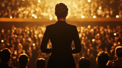 Female Politician Addressing an Audience on a Grand Stage