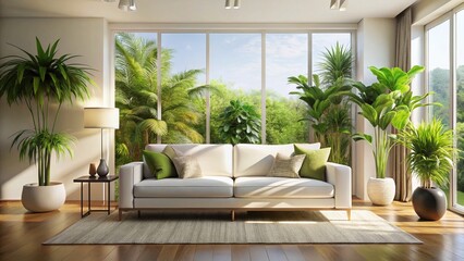 Serene Minimalist Living Room: White Sofa, Plants, Natural Light