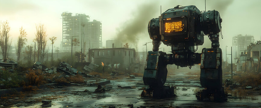 Post-Apocalyptic Robot In Ruined Cityscape