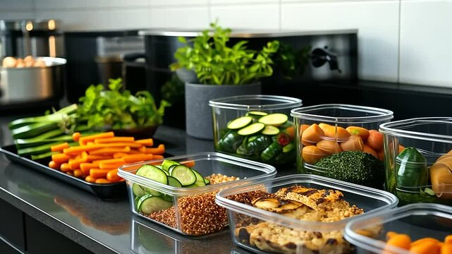 A vibrant meal prep display with grilled chicken, red quinoa, and vegetables such as zucchini and carrots, styled in containers and placed on a sleek grey countertop
