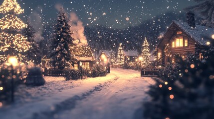 Obraz premium Vibrant Snowy Village Decorated for Christmas With Twinkling Lights and Trees in a Magical Winter Wonderland