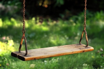 A wooden swing hangs from a chain amidst lush green grass, perfect for outdoor settings or backyard decor