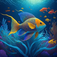 Naklejka premium Colorful fish with blue seaweed beauty of underwater nature