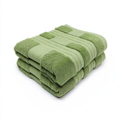 A neatly folded set of soft green towels stacked together, showcasing their plush texture and striped design on a white background.