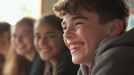 Obraz premium Students Laughing Together in a Classroom Close-Up
