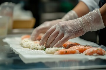 A close-up of a chef's hands preparing sushi