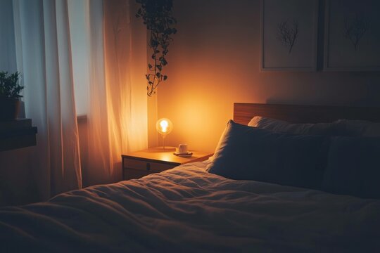 Cozy bedroom with warm lighting, soft bedding, and serene atmosphere highlighting relaxation and comfort for a peaceful night