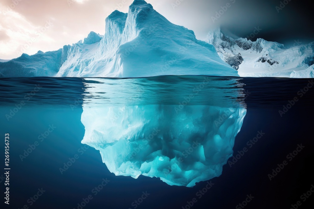 Poster a large iceberg floats in the open ocean, with waves crashing against its sides