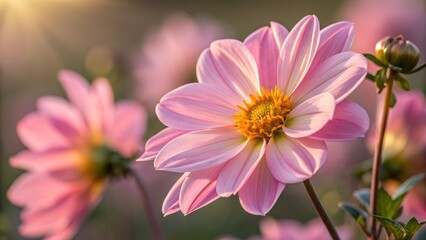 Obraz premium Pink Dahlia Blossoms in Golden Light: Delicate pink dahlia blossoms basking in the warm glow of the setting sun, showcasing their intricate petals and golden centers.